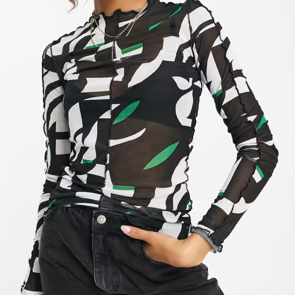 Monki mesh overlock top in black and white print